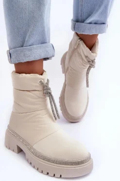 Damskie Boto Zdobione Śniegowce Na Płaskim Obcasie Jasnobeżowe Plotia