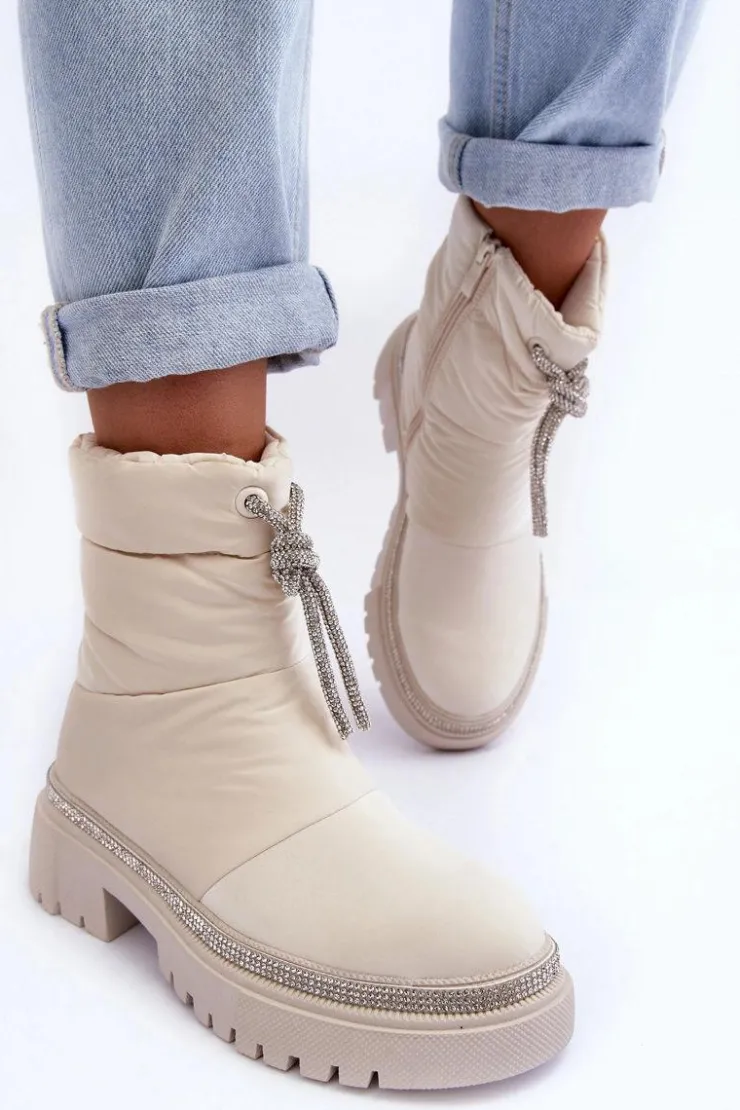 Damskie Boto Zdobione Śniegowce Na Płaskim Obcasie Jasnobeżowe Plotia