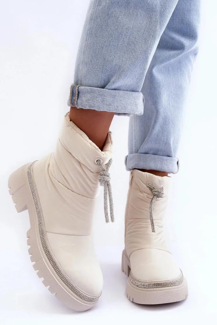 Damskie Boto Zdobione Śniegowce Na Płaskim Obcasie Jasnobeżowe Plotia