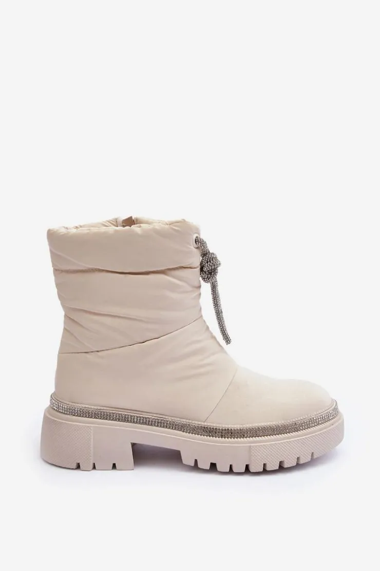 Damskie Boto Zdobione Śniegowce Na Płaskim Obcasie Jasnobeżowe Plotia