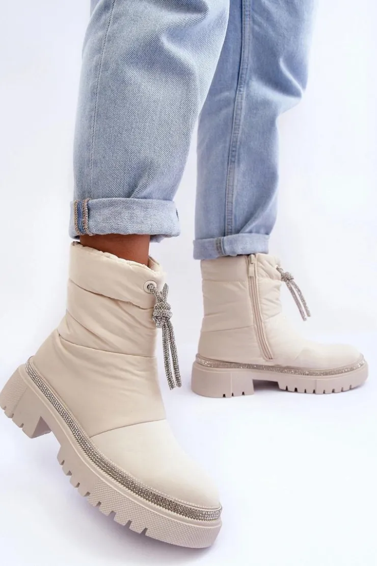 Damskie Boto Zdobione Śniegowce Na Płaskim Obcasie Jasnobeżowe Plotia