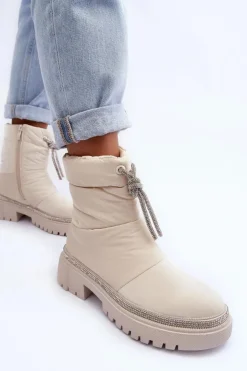 Damskie Boto Zdobione Śniegowce Na Płaskim Obcasie Jasnobeżowe Plotia