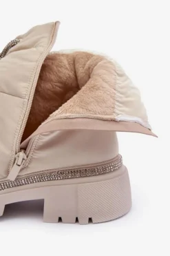 Damskie Boto Zdobione Śniegowce Na Płaskim Obcasie Jasnobeżowe Plotia