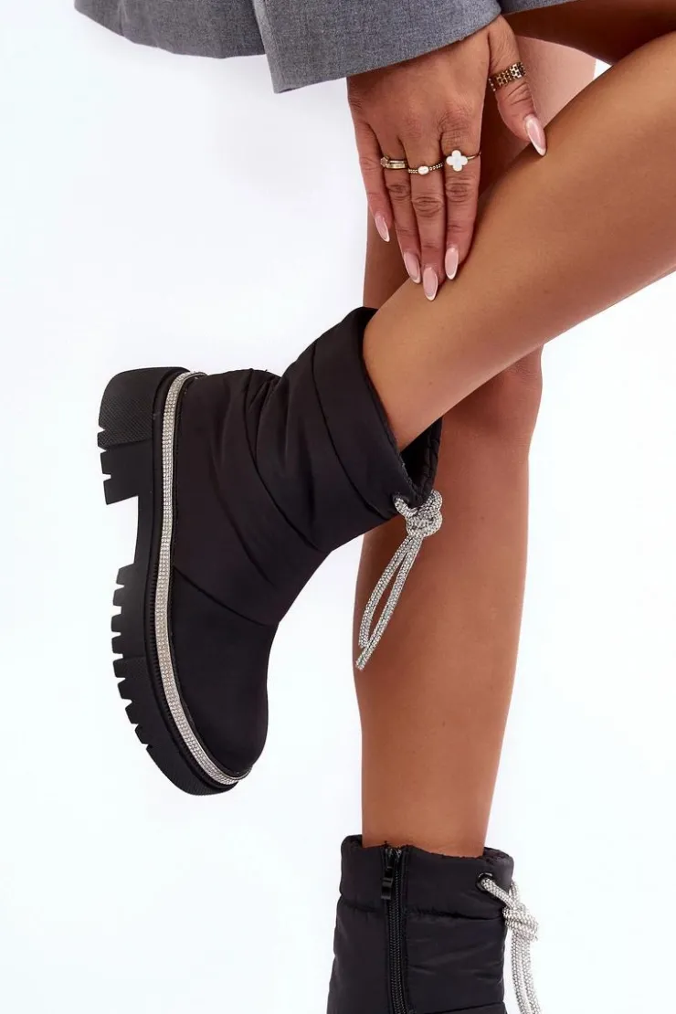 Damskie Boto Zdobione Śniegowce Na Płaskim Obcasie Czarne Plotia