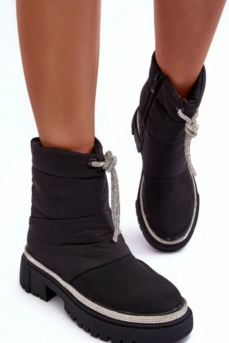 Damskie Boto Zdobione Śniegowce Na Płaskim Obcasie Czarne Plotia