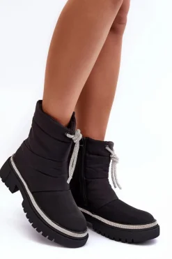 Damskie Boto Zdobione Śniegowce Na Płaskim Obcasie Czarne Plotia