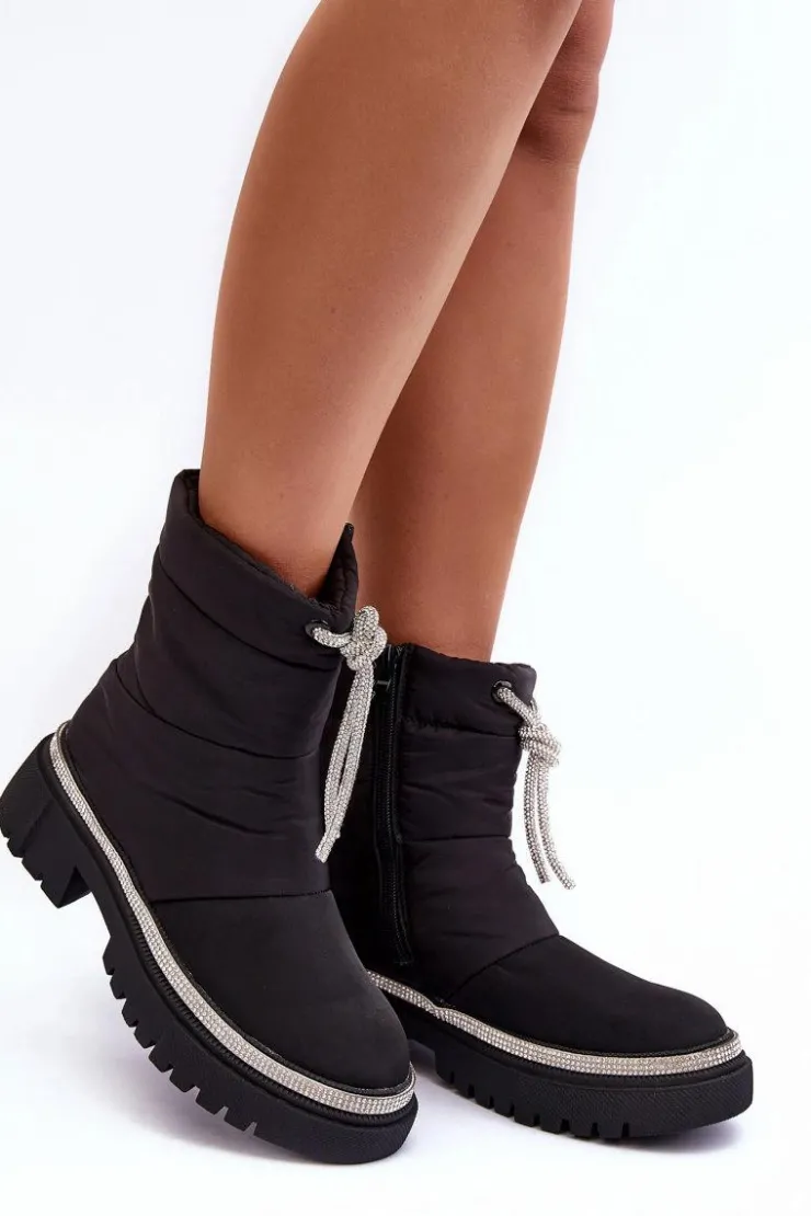 Damskie Boto Zdobione Śniegowce Na Płaskim Obcasie Czarne Plotia