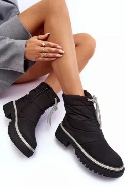 Damskie Boto Zdobione Śniegowce Na Płaskim Obcasie Czarne Plotia