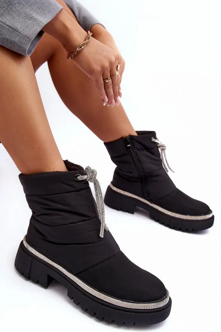 Damskie Boto Zdobione Śniegowce Na Płaskim Obcasie Czarne Plotia