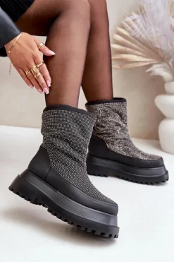 Sale Boto Zdobione Śniegowce Na Platformie I Płaskim Obcasie Czarne Avivina