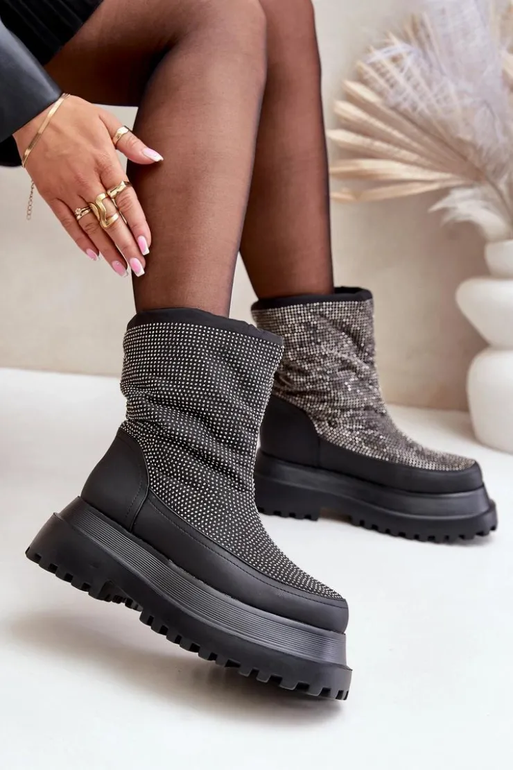 Sale Boto Zdobione Śniegowce Na Platformie I Płaskim Obcasie Czarne Avivina