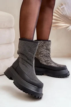 Sale Boto Zdobione Śniegowce Na Platformie I Płaskim Obcasie Czarne Avivina