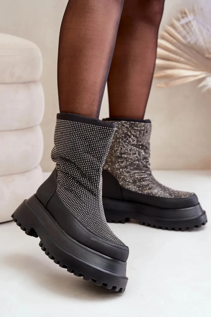 Sale Boto Zdobione Śniegowce Na Platformie I Płaskim Obcasie Czarne Avivina