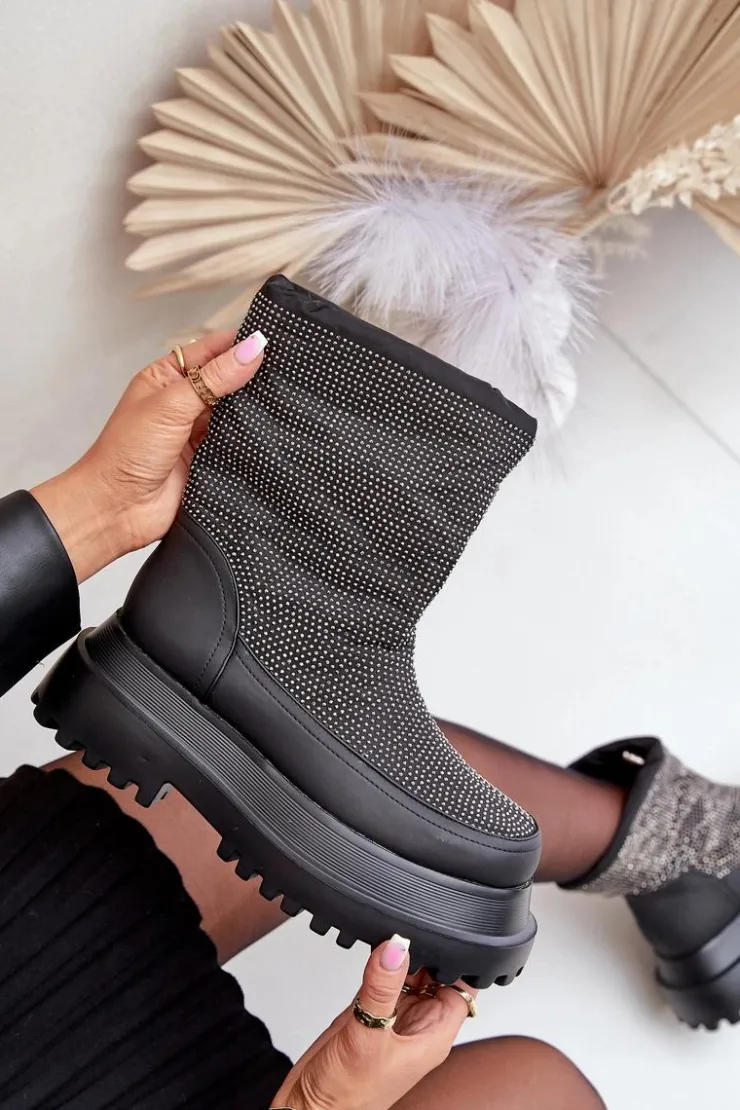 Sale Boto Zdobione Śniegowce Na Platformie I Płaskim Obcasie Czarne Avivina