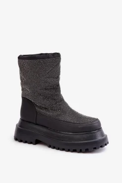 Sale Boto Zdobione Śniegowce Na Platformie I Płaskim Obcasie Czarne Avivina