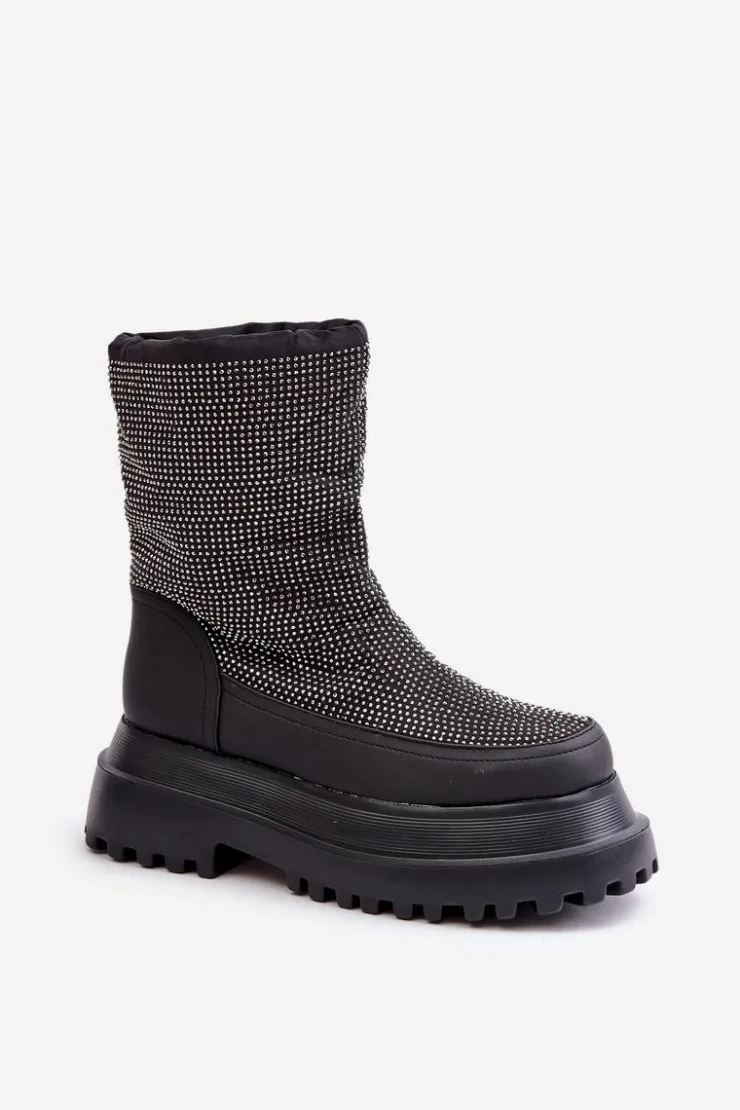 Sale Boto Zdobione Śniegowce Na Platformie I Płaskim Obcasie Czarne Avivina