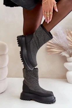 Sale Boto Zdobione Śniegowce Na Platformie I Płaskim Obcasie Czarne Avivina