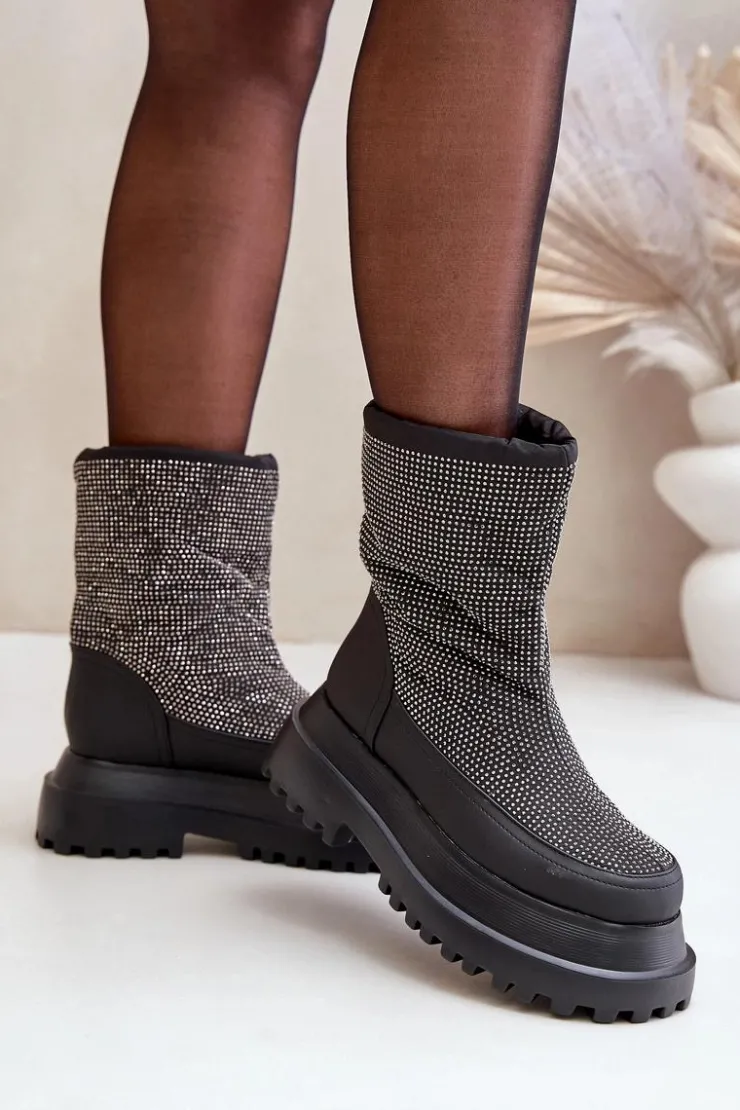 Sale Boto Zdobione Śniegowce Na Platformie I Płaskim Obcasie Czarne Avivina