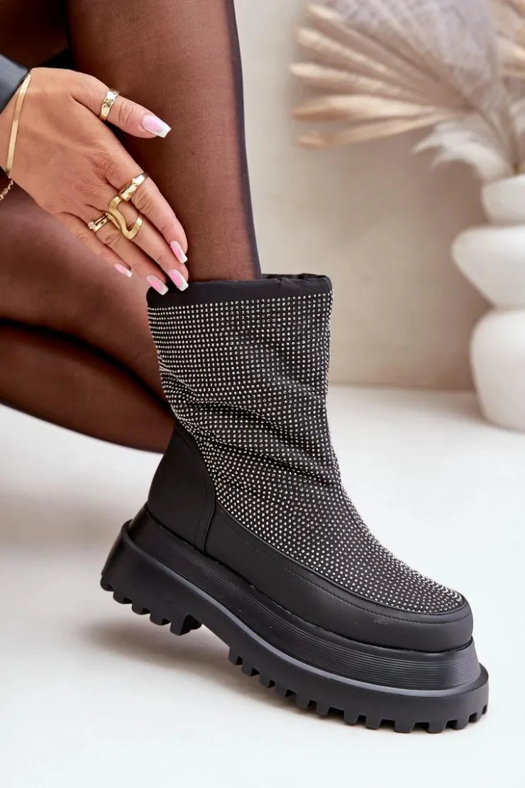 Sale Boto Zdobione Śniegowce Na Platformie I Płaskim Obcasie Czarne Avivina