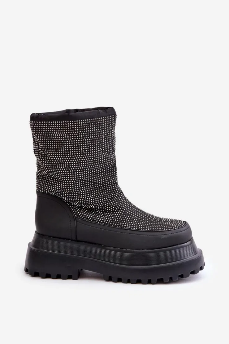 Sale Boto Zdobione Śniegowce Na Platformie I Płaskim Obcasie Czarne Avivina