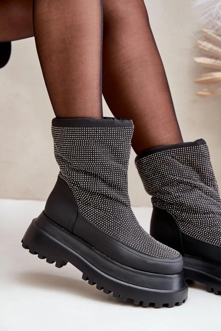 Sale Boto Zdobione Śniegowce Na Platformie I Płaskim Obcasie Czarne Avivina