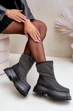 Sale Boto Zdobione Śniegowce Na Platformie I Płaskim Obcasie Czarne Avivina