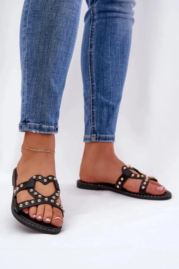 Best Boto Zdobione Płaskie Klapki Damskie Czarne Adivrae Czarny