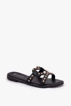 Best Boto Zdobione Płaskie Klapki Damskie Czarne Adivrae Czarny