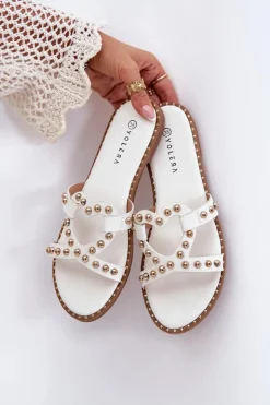 Boto Klapki Damskie Klasyczne*Zdobione Płaskie Klapki Damskie Białe Adivrae Biały