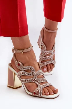 Damskie Damskie buty S.Barski Zdobione Sandały Damskie Na Słupku D&A CR952 Różowe