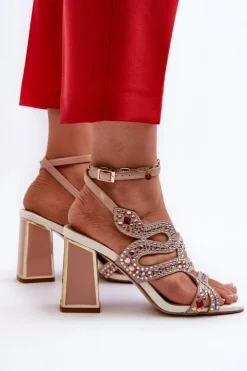 Damskie Damskie buty S.Barski Zdobione Sandały Damskie Na Słupku D&A CR952 Różowe