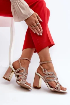 Damskie Damskie buty S.Barski Zdobione Sandały Damskie Na Słupku D&A CR952 Różowe