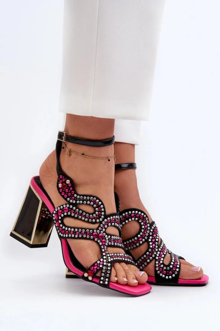 Damskie buty S.Barski Zdobione Sandały Damskie Na Słupku D&A CR952 Czarne Czarny