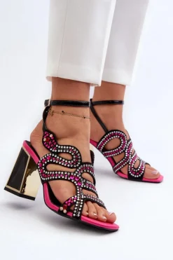 Damskie buty S.Barski Zdobione Sandały Damskie Na Słupku D&A CR952 Czarne Czarny