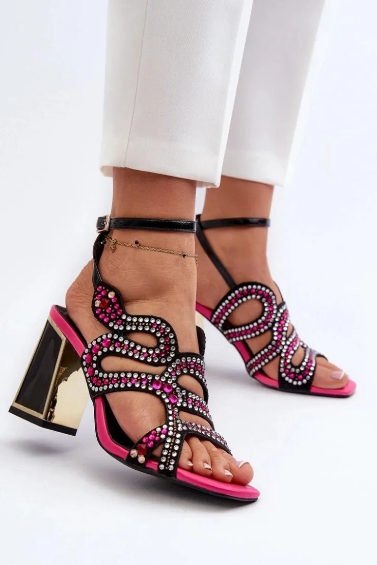 Damskie buty S.Barski Zdobione Sandały Damskie Na Słupku D&A CR952 Czarne Czarny