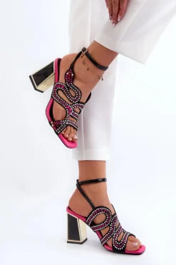 Damskie buty S.Barski Zdobione Sandały Damskie Na Słupku D&A CR952 Czarne Czarny