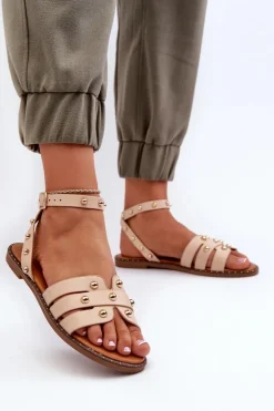 Boto Sandały Płaskie*Zdobione Sandały Damskie Na Płaskim Obcasie Beżowe Ianaera