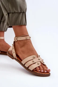 Boto Sandały Płaskie*Zdobione Sandały Damskie Na Płaskim Obcasie Beżowe Ianaera