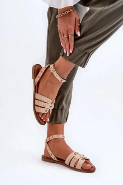 Boto Sandały Płaskie*Zdobione Sandały Damskie Na Płaskim Obcasie Beżowe Ianaera