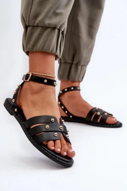 Best Boto Zdobione Sandały Damskie Na Płaskim Obcasie Czarne Ianaera