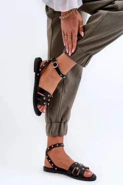 Best Boto Zdobione Sandały Damskie Na Płaskim Obcasie Czarne Ianaera