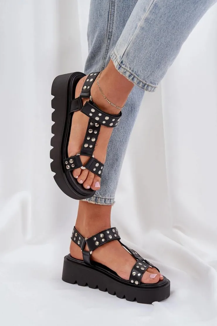 Damskie Boto Zdobione Sandały Na Platformie Czarne Tatellia