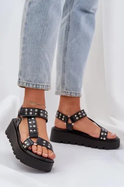 Damskie Boto Zdobione Sandały Na Platformie Czarne Tatellia