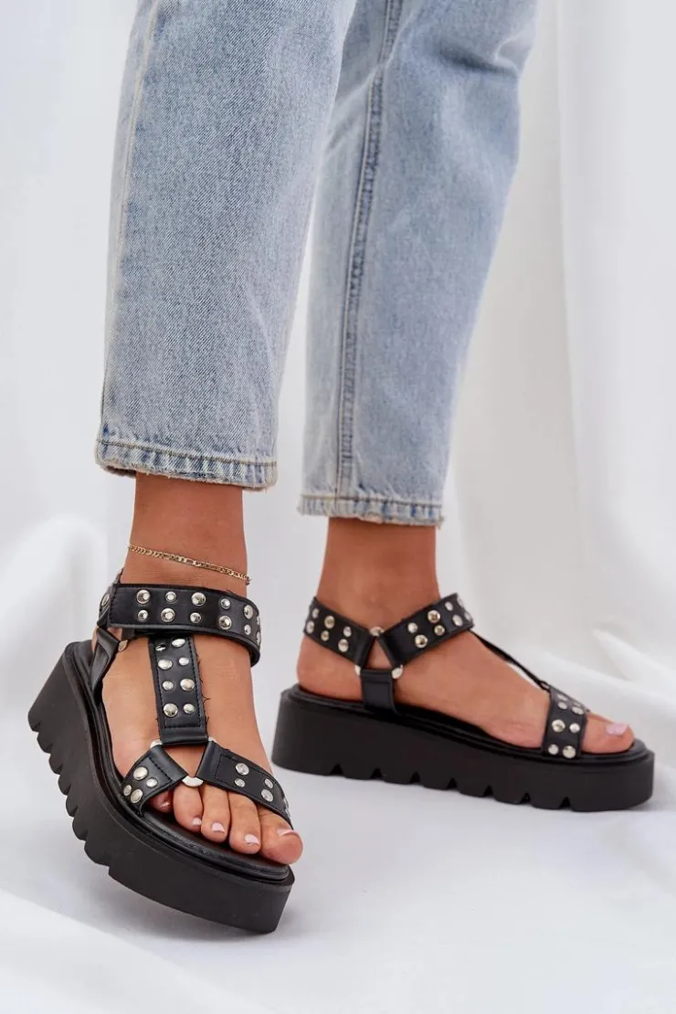 Damskie Boto Zdobione Sandały Na Platformie Czarne Tatellia