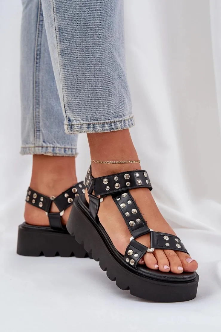 Damskie Boto Zdobione Sandały Na Platformie Czarne Tatellia