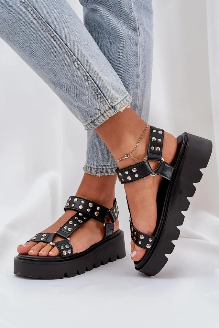 Damskie Boto Zdobione Sandały Na Platformie Czarne Tatellia