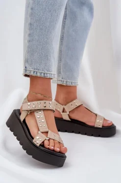New Boto Zdobione Sandały Na Platformie Beżowe Tatellia Beżowy