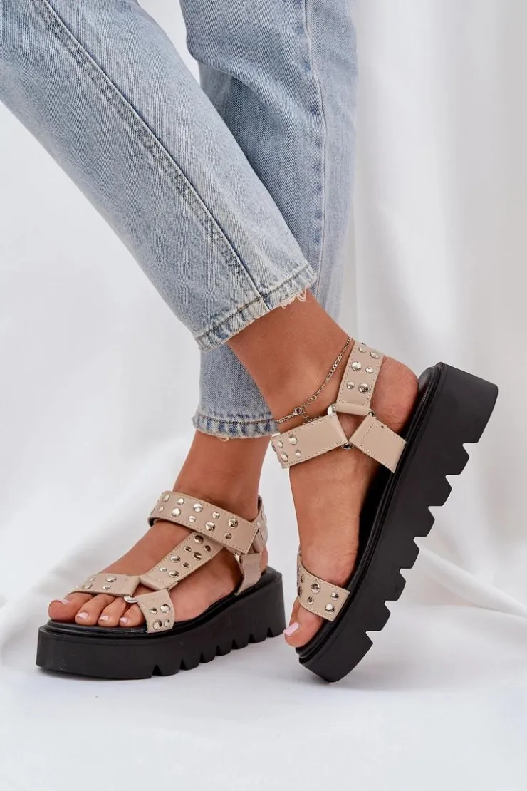 New Boto Zdobione Sandały Na Platformie Beżowe Tatellia Beżowy