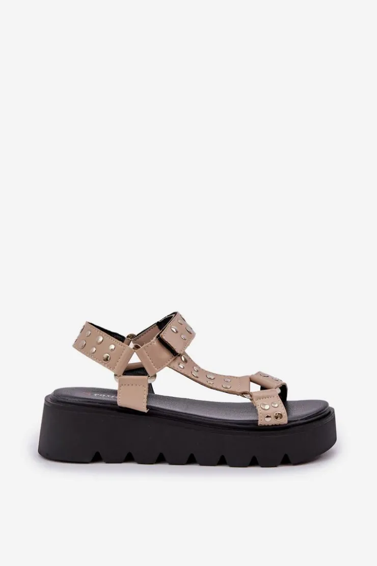 New Boto Zdobione Sandały Na Platformie Beżowe Tatellia Beżowy