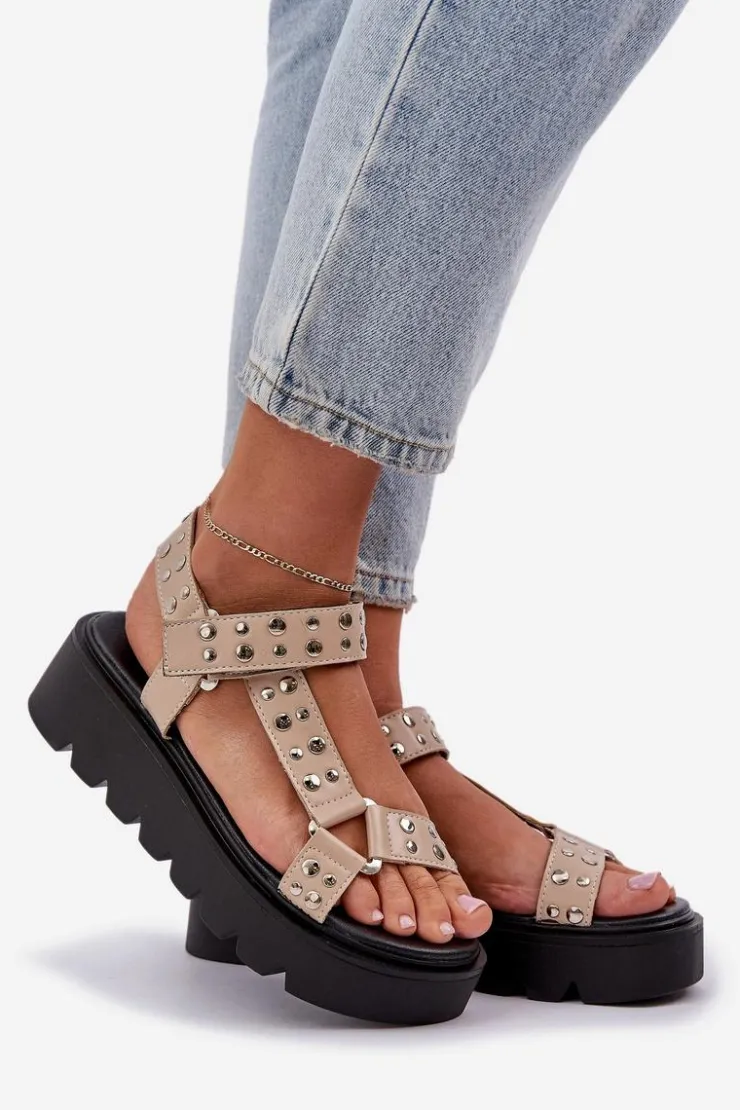 New Boto Zdobione Sandały Na Platformie Beżowe Tatellia Beżowy